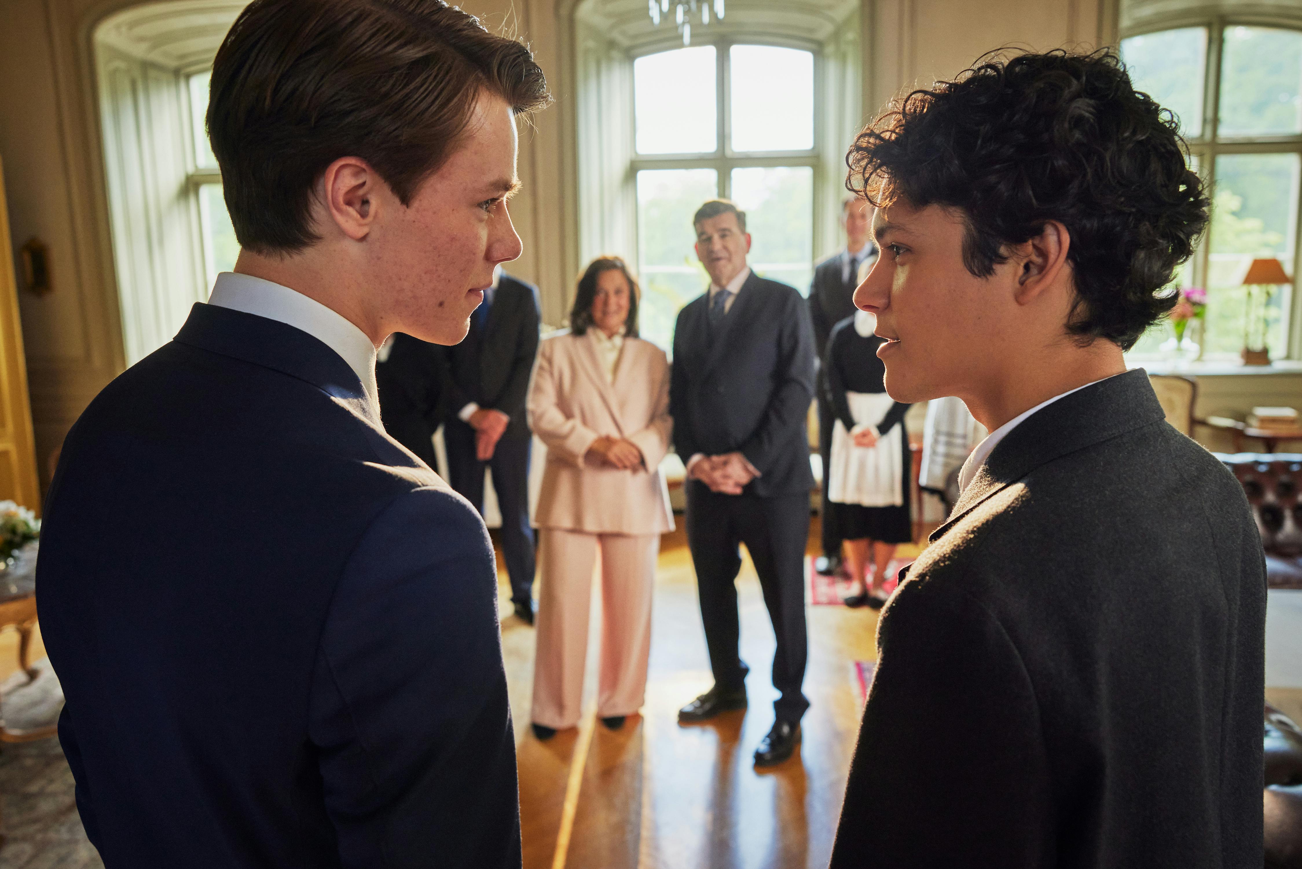 Young Royals S3. (L to R) Edvin Ryding as Wilhelm, Omar Rudberg as Simon in Young Royals. Cr. Courtesy of Netflix © 2023