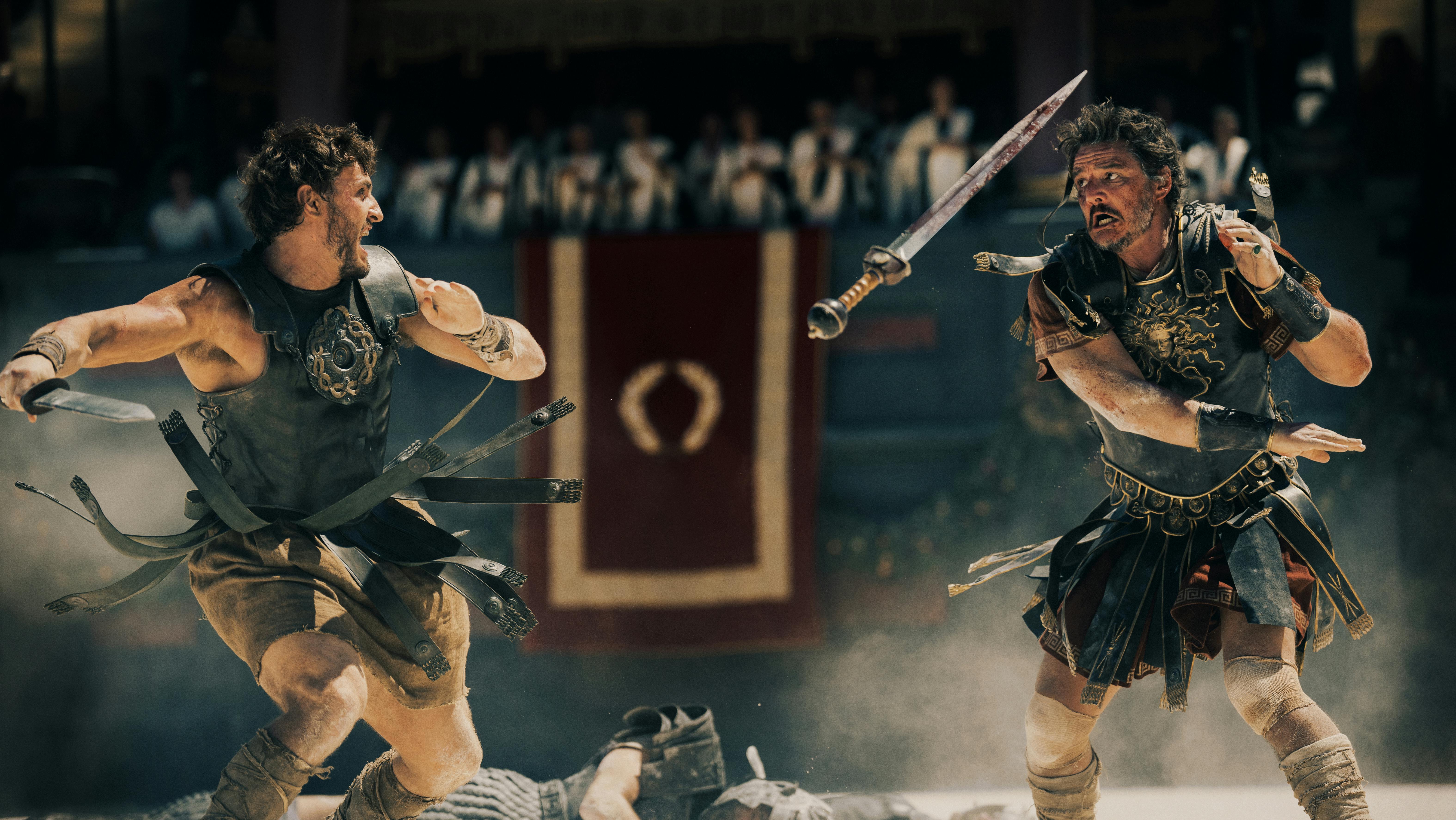 Paul Mescal plays Lucius and Pedro Pascal plays Marcus Acacius in Gladiator II from Paramount Pictures. 