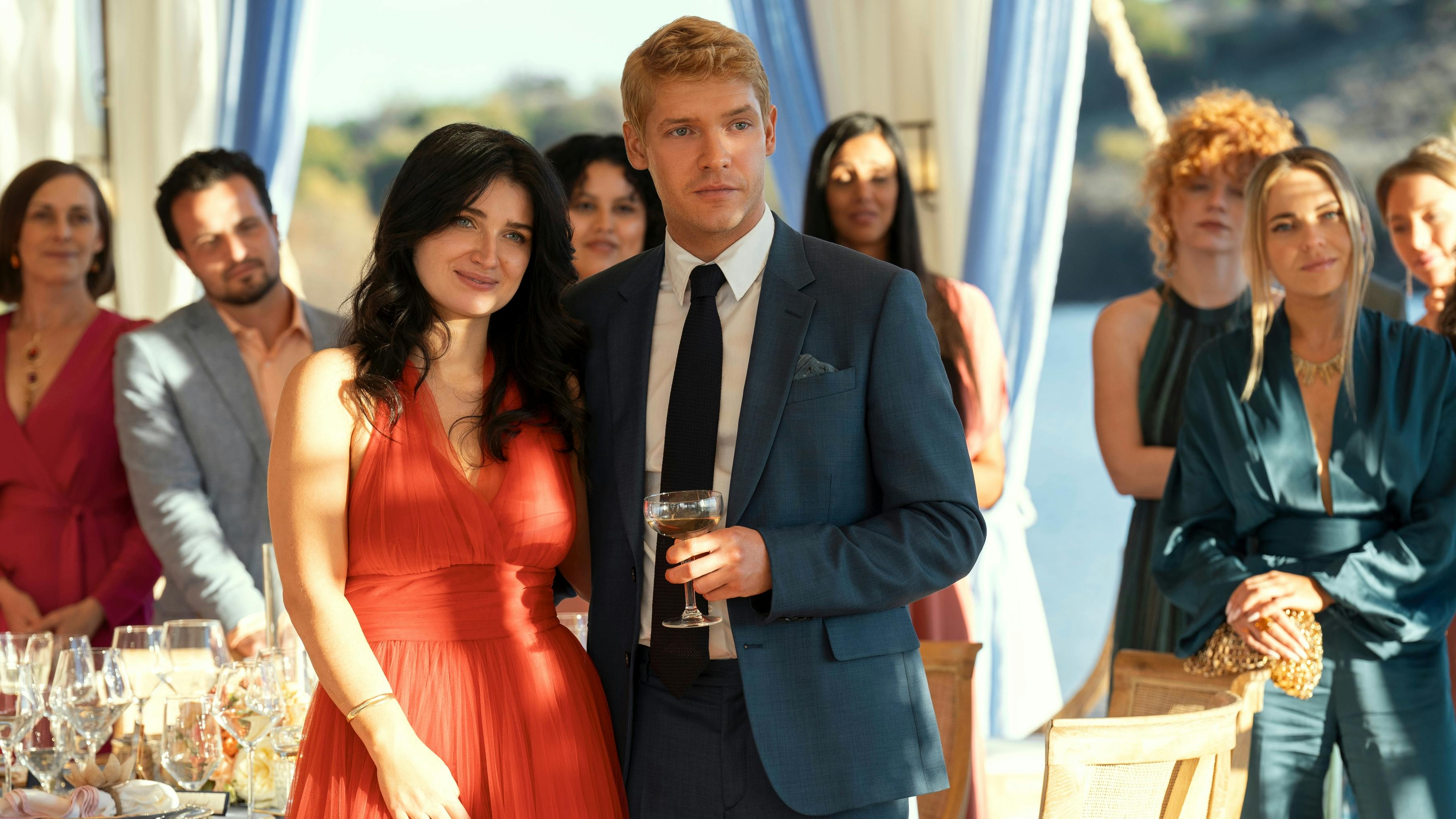 Eve Hewson as Amelia Sacks, Billy Howle as Benji Winbury in episode 101 of The Perfect Couple. Cr. Hilary Bronwyn Gayle/Netflix © 2024