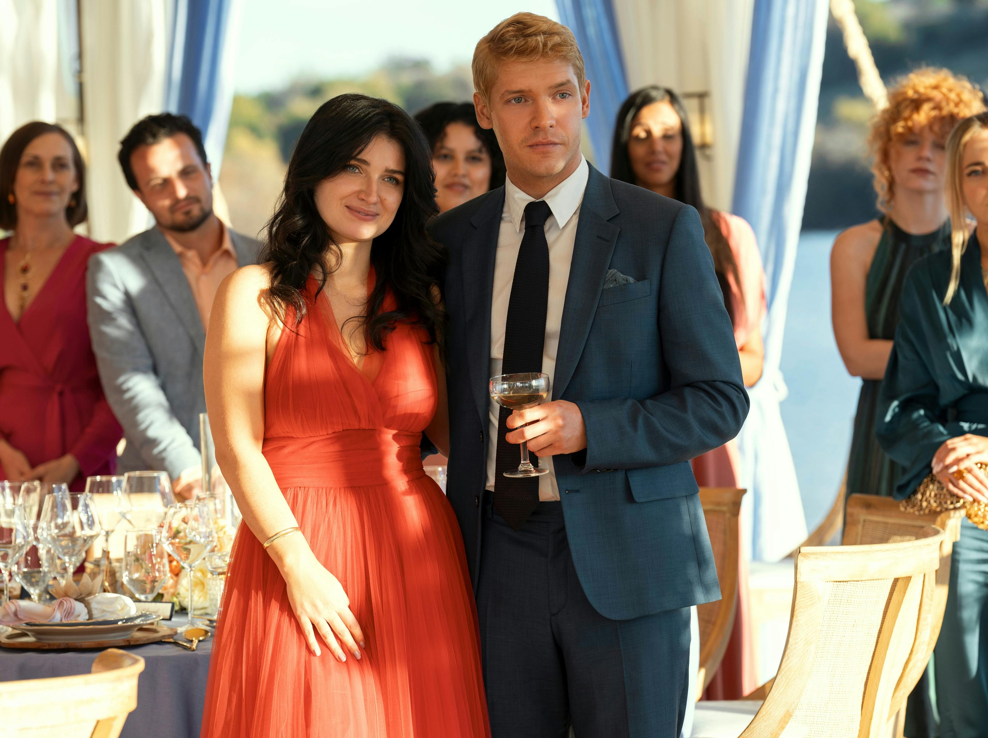 Eve Hewson as Amelia Sacks, Billy Howle as Benji Winbury in episode 101 of The Perfect Couple. Cr. Hilary Bronwyn Gayle/Netflix © 2024