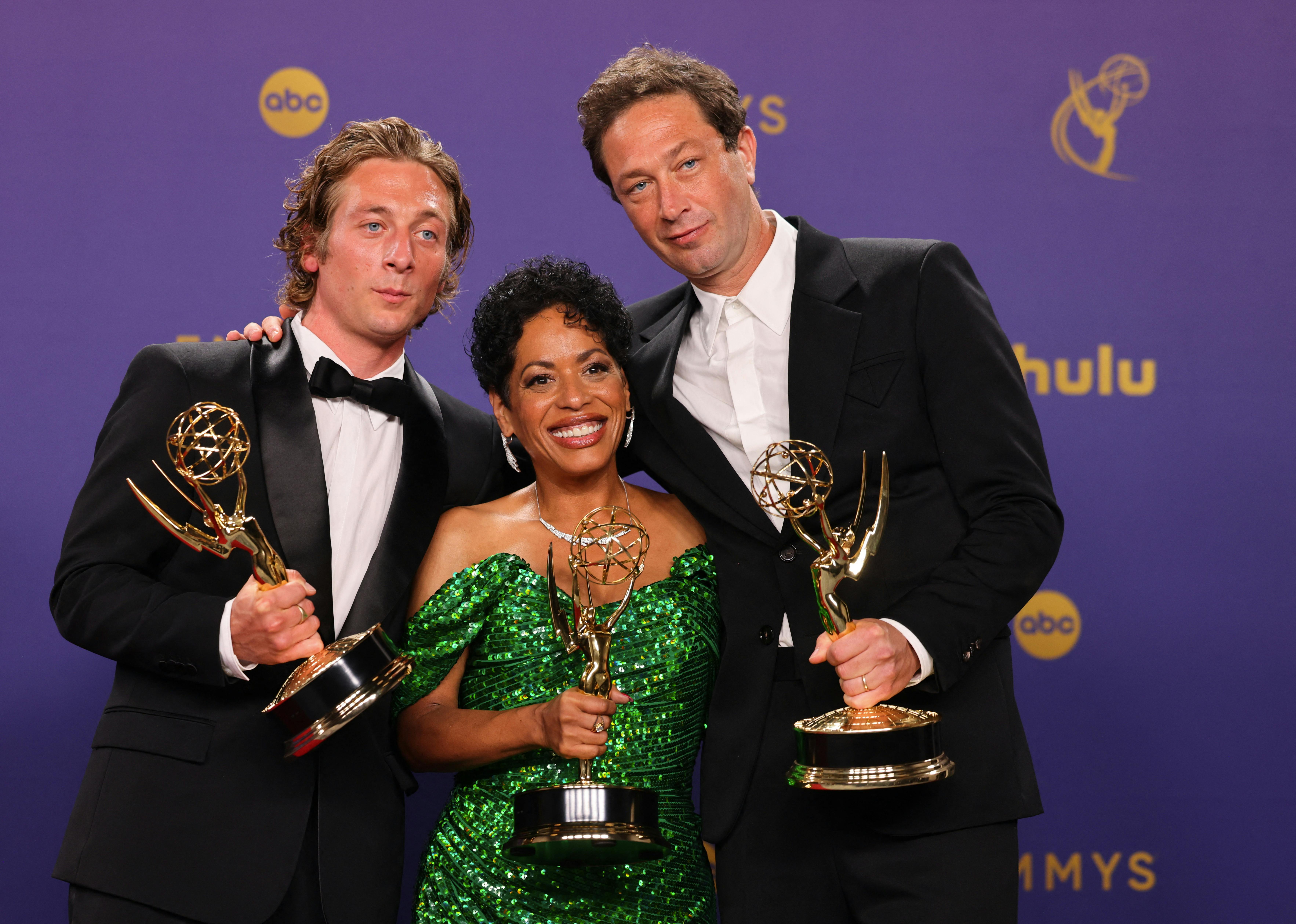 Ebon Moss-Bachrach Outstanding Supporting Actor In A Comedy Series, Liza Colon-Zayas, with the Outstanding Supporting Actress in a Comedy Series, Jeremy Allen White, Outstanding Lead Actor in a Comedy Series Award for "The Bear" pose at the 76th Primetime Emmy Awards in Los Angeles, California, U.S., September 15, 2024. REUTERS/Mike Blake