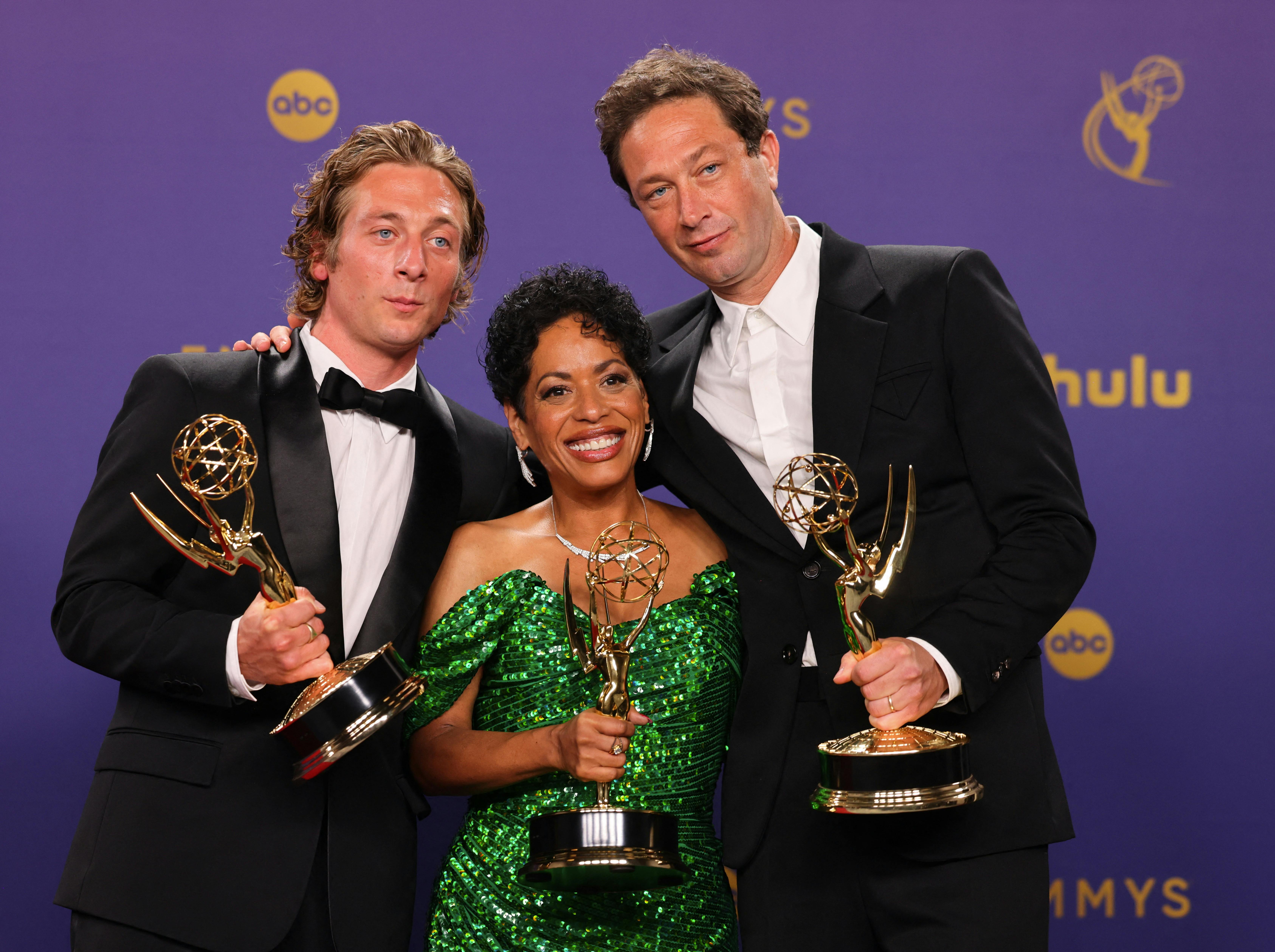 Ebon Moss-Bachrach Outstanding Supporting Actor In A Comedy Series, Liza Colon-Zayas, with the Outstanding Supporting Actress in a Comedy Series, Jeremy Allen White, Outstanding Lead Actor in a Comedy Series Award for "The Bear" pose at the 76th Primetime Emmy Awards in Los Angeles, California, U.S., September 15, 2024. REUTERS/Mike Blake