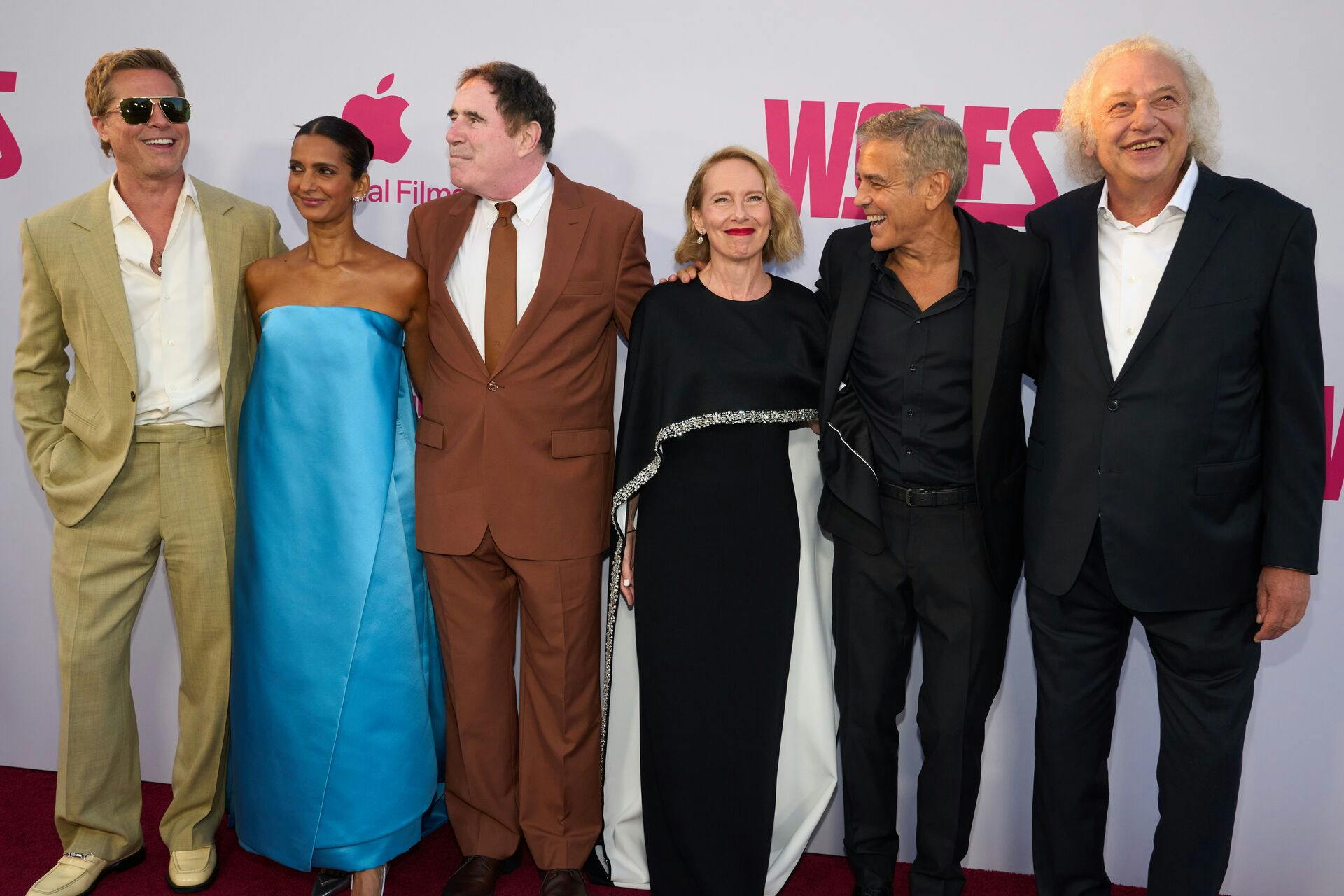 Brad Pitt, US actress Poorna Jagannathan, US actor Richard Kind, US actress Amy Ryan, US actor George Clooney, and Danish-Croatian actor Zlatko Buric attend the premiere of 'Wolfs' at the TCL Chinese Theatre in Los Angeles, California, USA, 18 September 2024