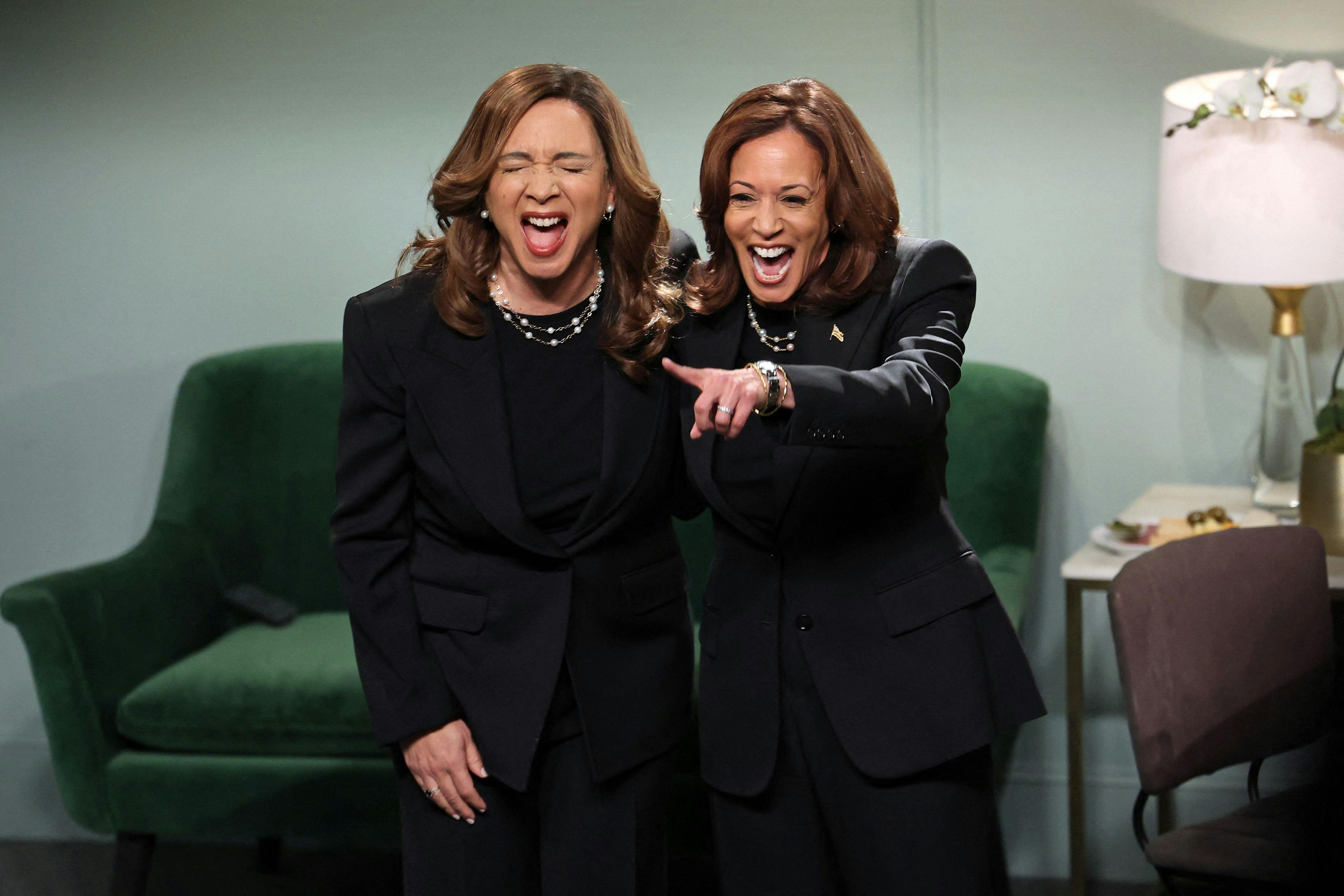 TOPSHOT - US Vice President and Democratic presidential candidate Kamala Harris (R) and US actress Maya Rudolph participate in "Saturday Night Live" (SNL) live late-night sketch comedy show at NBC studios in New York City on November 2, 2024. (Photo by CHARLY TRIBALLEAU / AFP)