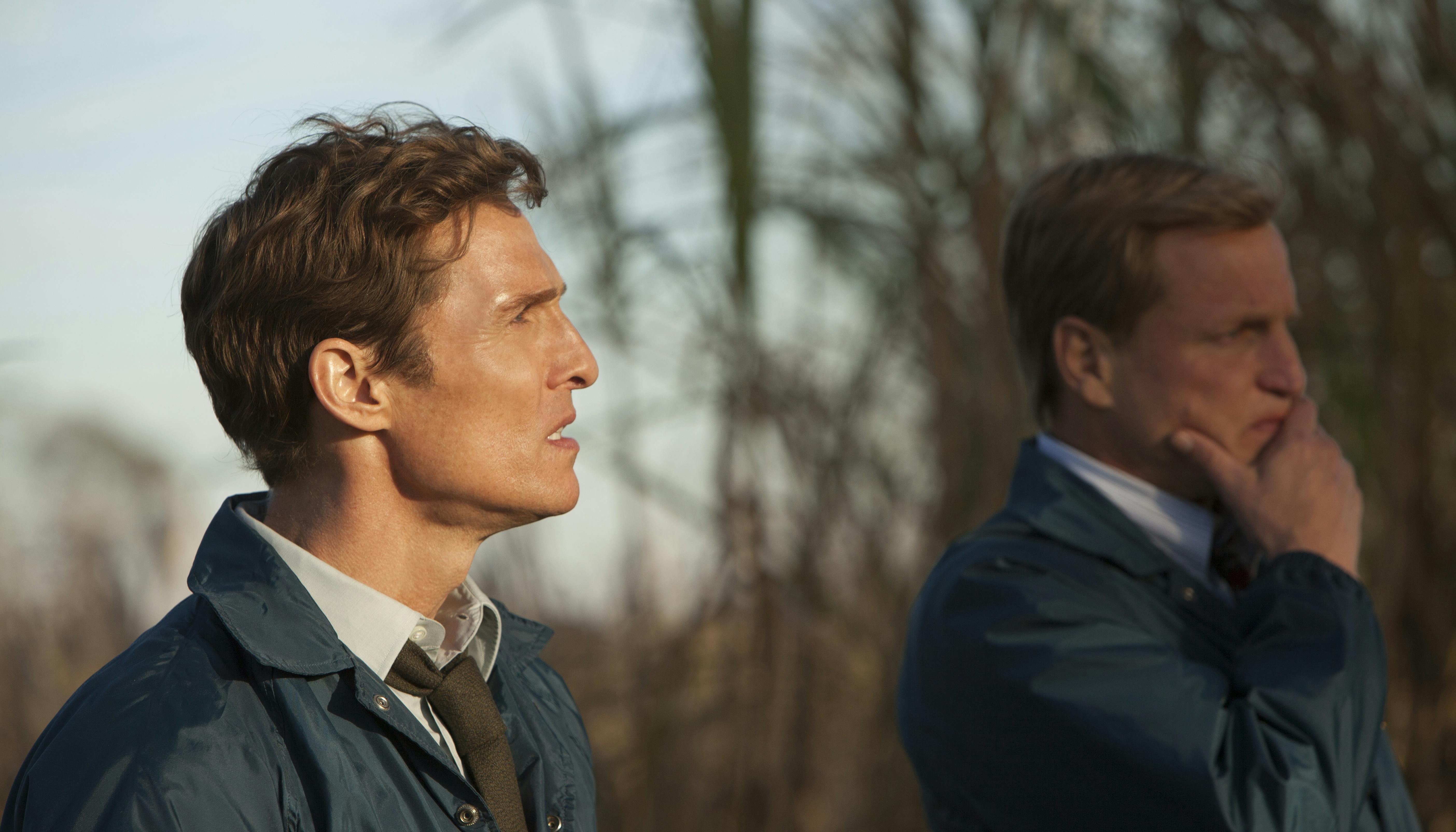 SCENE 1.9 / Exterior Sugarcane Field - Crime Scene (1995) -Cohle theorizes about suspects; Marty invites him for dinner. / Photo: Jim Bridges/HBOHBO's "True Detective" Season 1 Director: Cary FukunagaMatthew McConaughey: Rustin CohleWoody Harrelson: Martin Hart