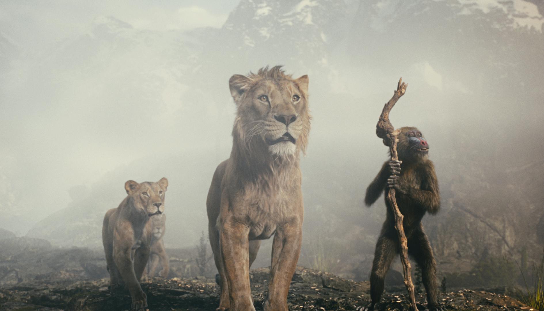 (L-R): Sarabi (voiced by Tiffany Boone), Taka (voiced by Kelvin Harrison Jr.), Mufasa (voiced by Aaron Pierre), and Rafiki (voiced by Kagiso Lediga) in Disney’s live-action MUFASA: THE LION KING. Photo courtesy of Disney. © 2024 Disney Enterprises Inc. All Rights Reserved.