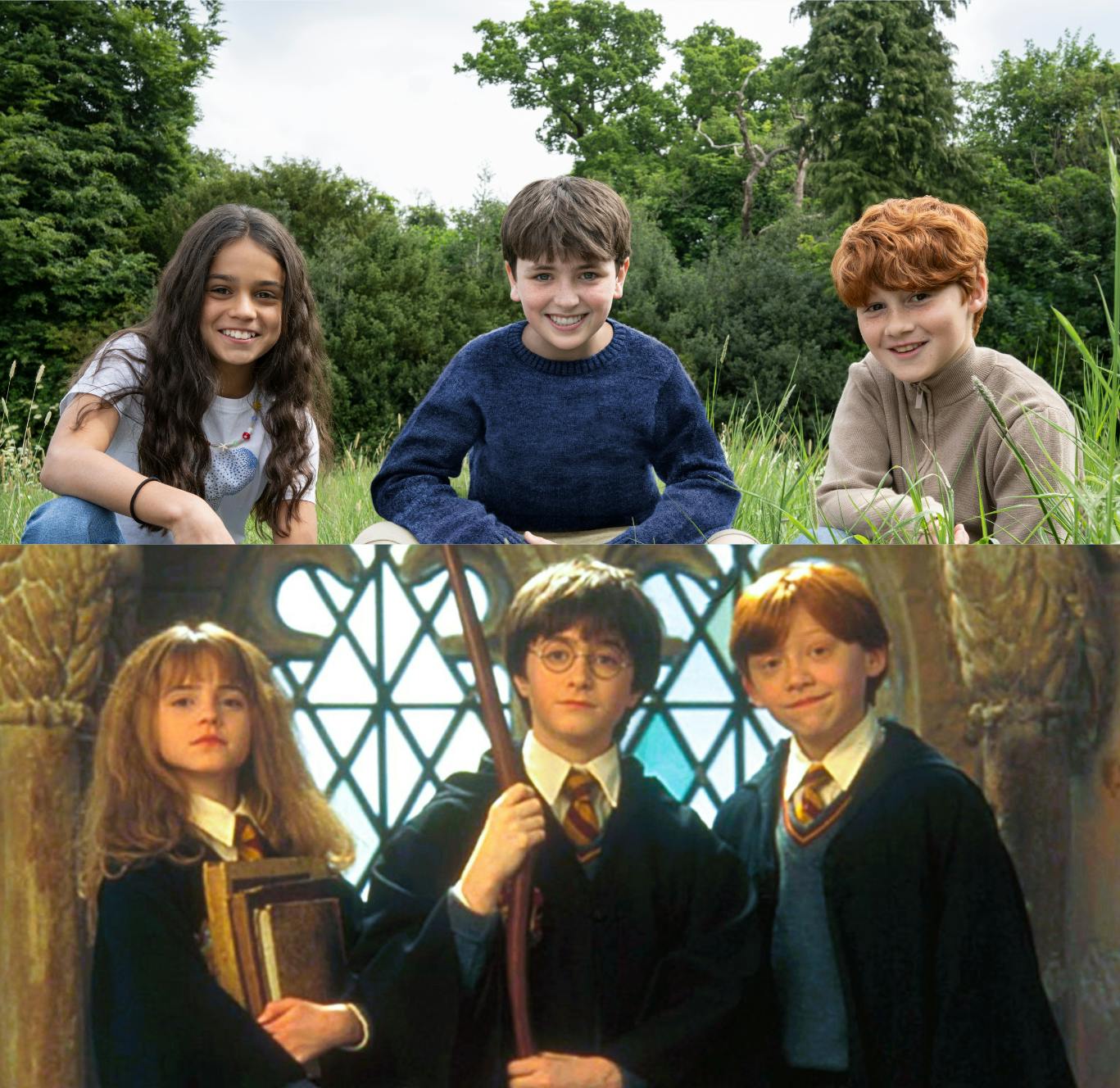 Arabella Stanton og Emma Watson som Hermione Granger, Dominic McLaughlin og Daniel Radcliffe i rollen som Harry Potter, og Alastair Stout og Rupert Grint som Ron Weasley.