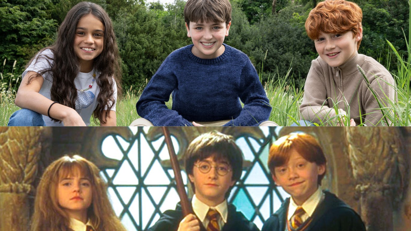 Arabella Stanton og Emma Watson som Hermione Granger, Dominic McLaughlin og Daniel Radcliffe i rollen som Harry Potter, og Alastair Stout og Rupert Grint som Ron Weasley.
