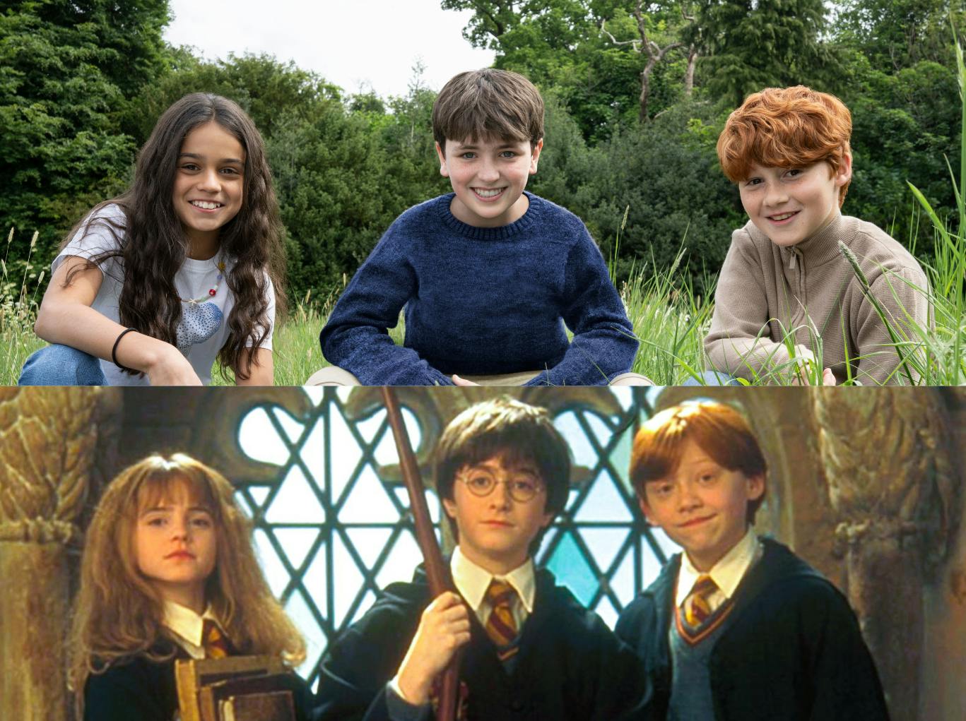 Arabella Stanton og Emma Watson som Hermione Granger, Dominic McLaughlin og Daniel Radcliffe i rollen som Harry Potter, og Alastair Stout og Rupert Grint som Ron Weasley.