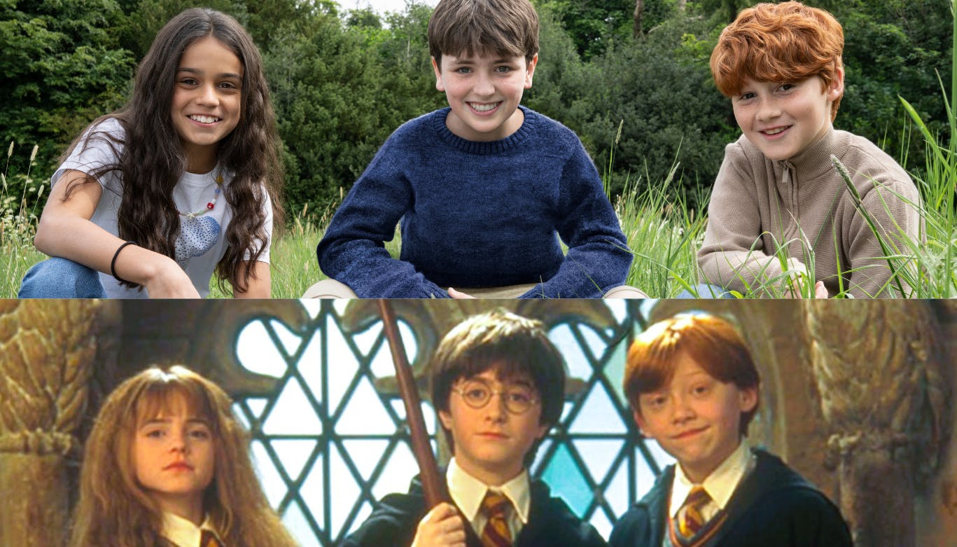 Arabella Stanton og Emma Watson som Hermione Granger, Dominic McLaughlin og Daniel Radcliffe i rollen som Harry Potter, og Alastair Stout og Rupert Grint som Ron Weasley.