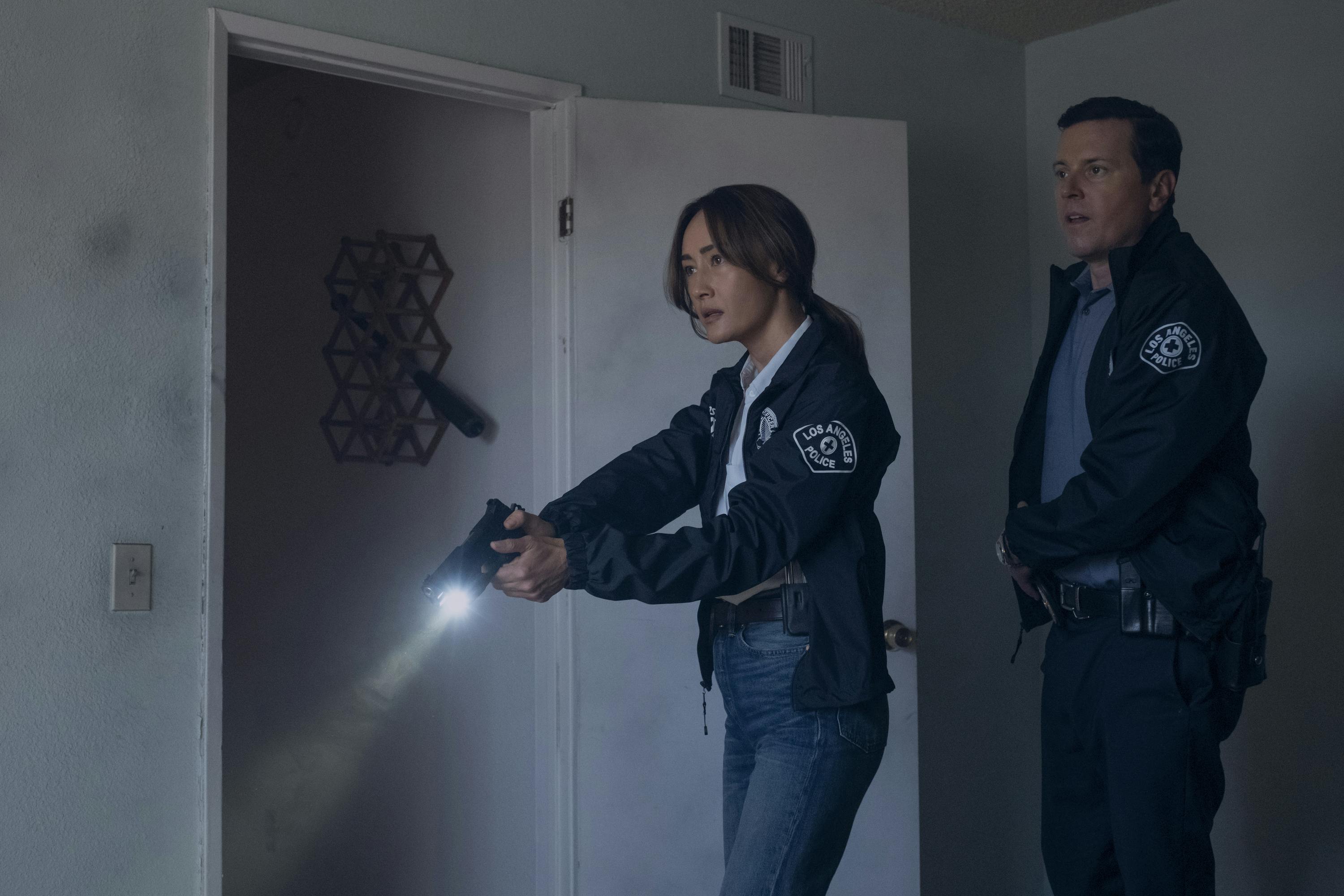 Maggie Q (Renée Ballard) and Michael Mosley (Ted Rawls) in BALLARD. Patrick Wymore/Prime Video