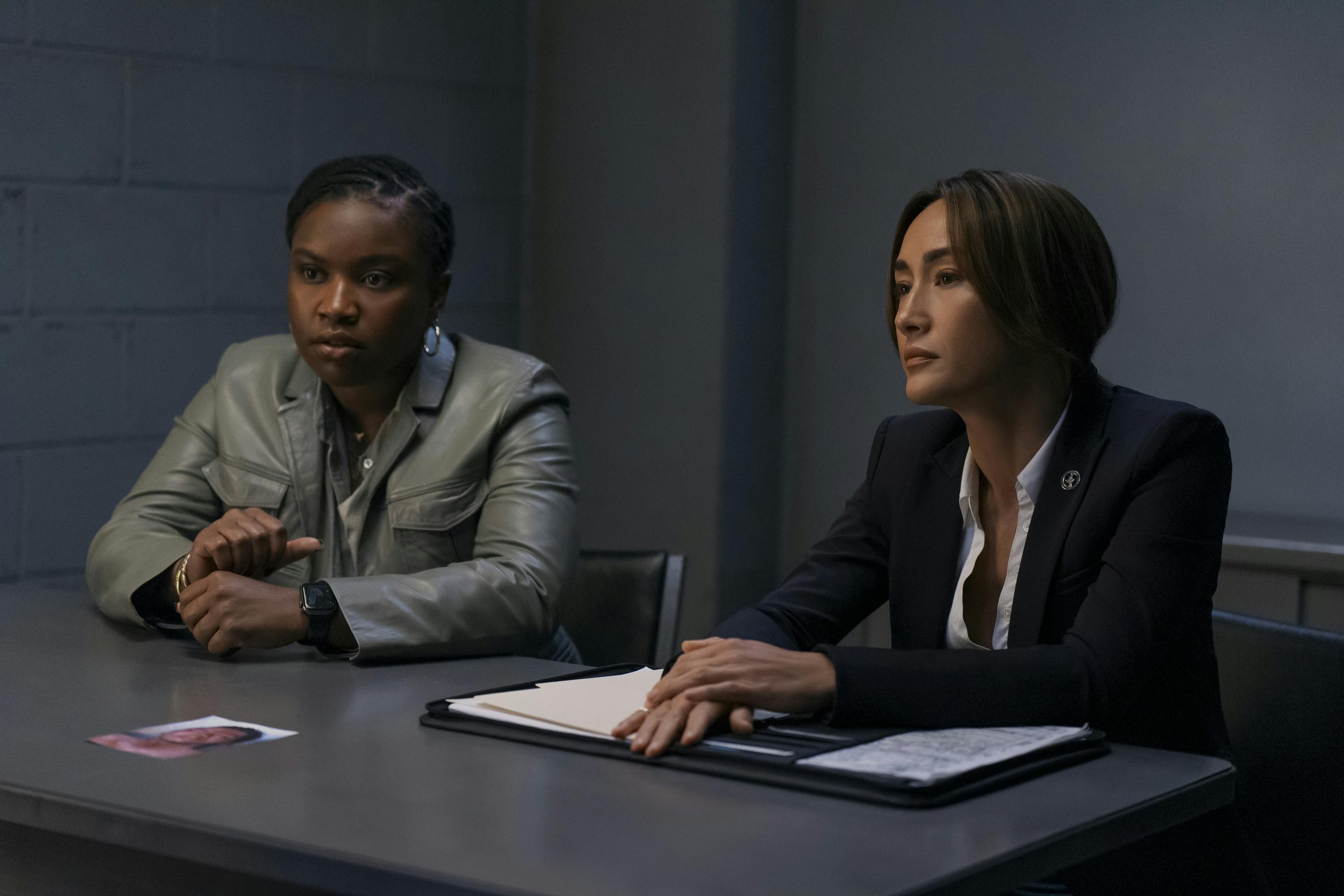 Courtney Taylor (Zamira Parker) and Maggie Q (Renée Ballard) in BALLARD. Tyler Golden/Prime Video