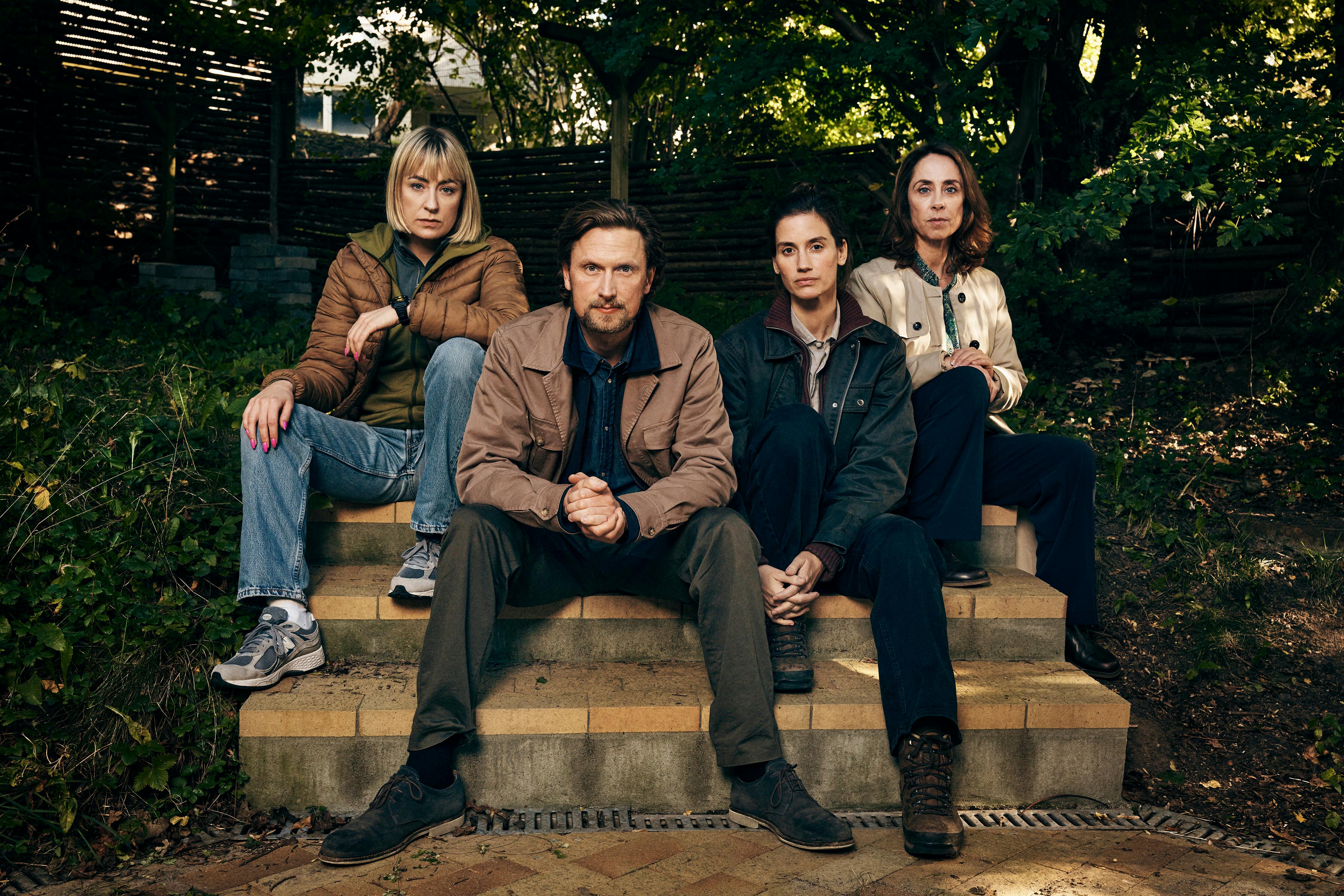 Kastjanemanden. (L to R) Katinka Lærke Petersen as Sandra Lindstrøm,  Mikkel Boe Følsgaard as Mark Hess, Danica Curcic as Naia Thulin, Sofie Gråbøl as Marie Holst in Kastanjemanden. Cr. Courtesy of Netflix © 2024