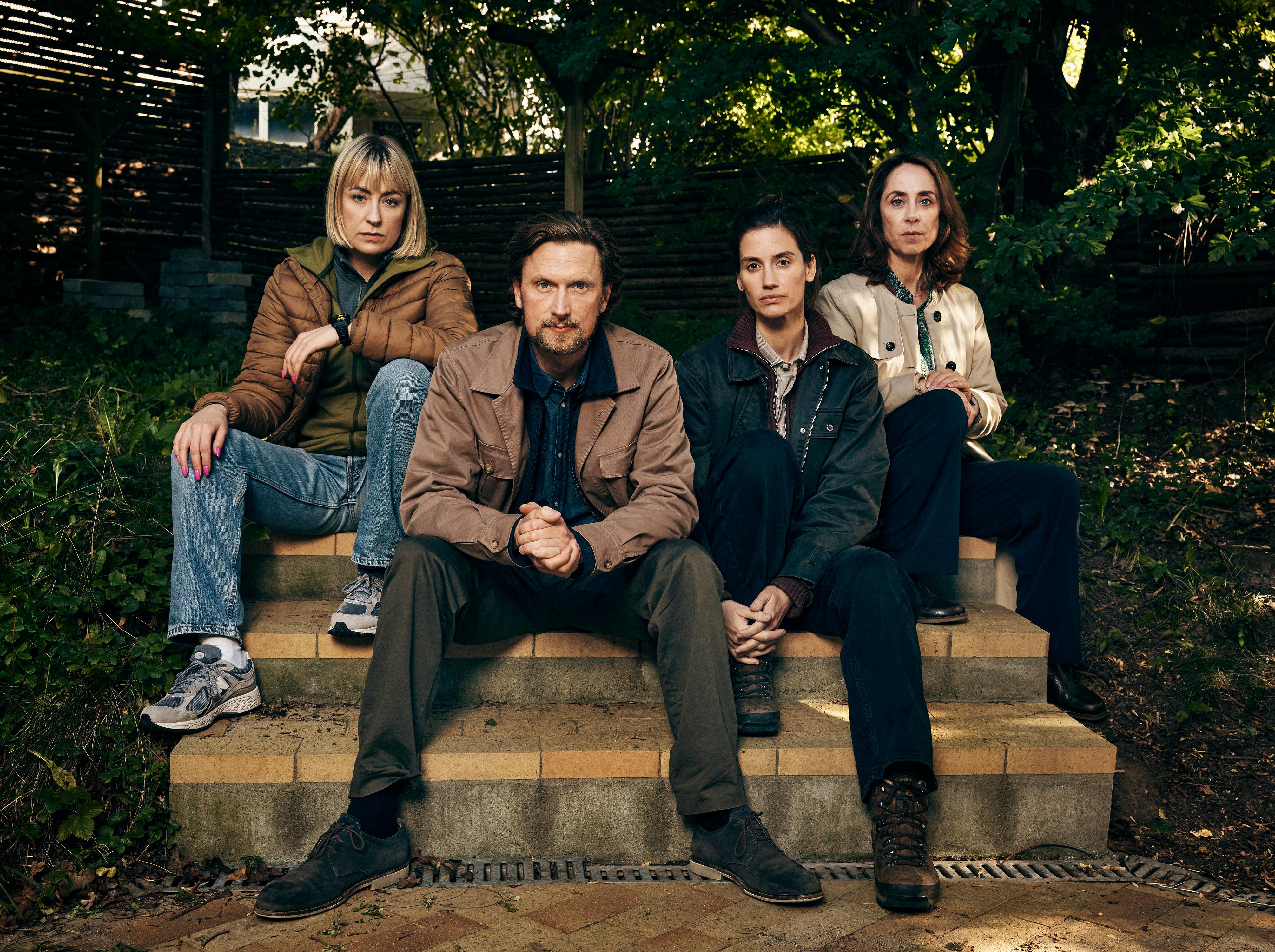 Kastjanemanden. (L to R) Katinka Lærke Petersen as Sandra Lindstrøm, Mikkel Boe Følsgaard as Mark Hess, Danica Curcic as Naia Thulin, Sofie Gråbøl as Marie Holst in Kastanjemanden. Cr. Courtesy of Netflix © 2024