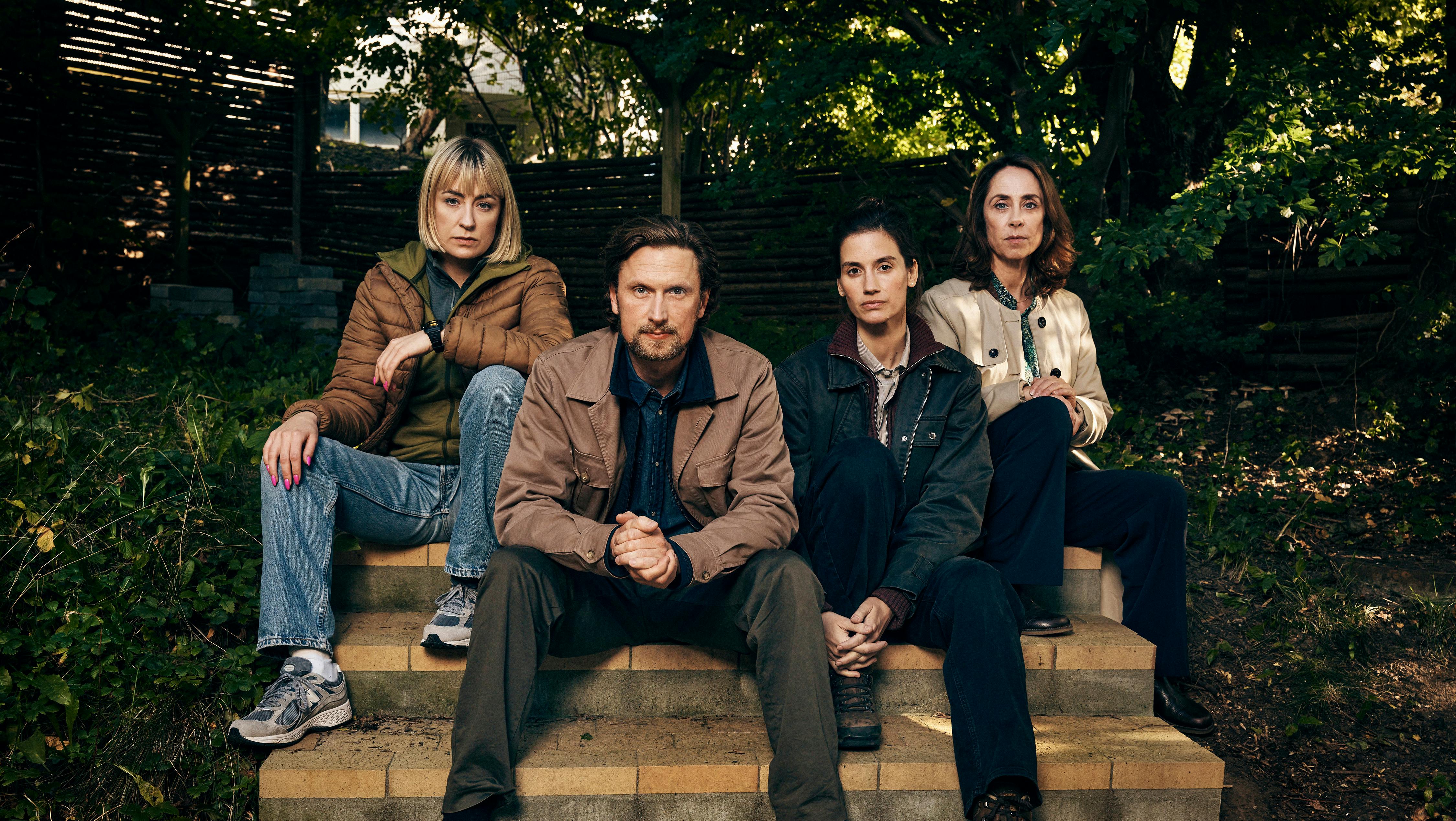 Kastjanemanden. (L to R) Katinka Lærke Petersen as Sandra Lindstrøm, Mikkel Boe Følsgaard as Mark Hess, Danica Curcic as Naia Thulin, Sofie Gråbøl as Marie Holst in Kastanjemanden. Cr. Courtesy of Netflix © 2024