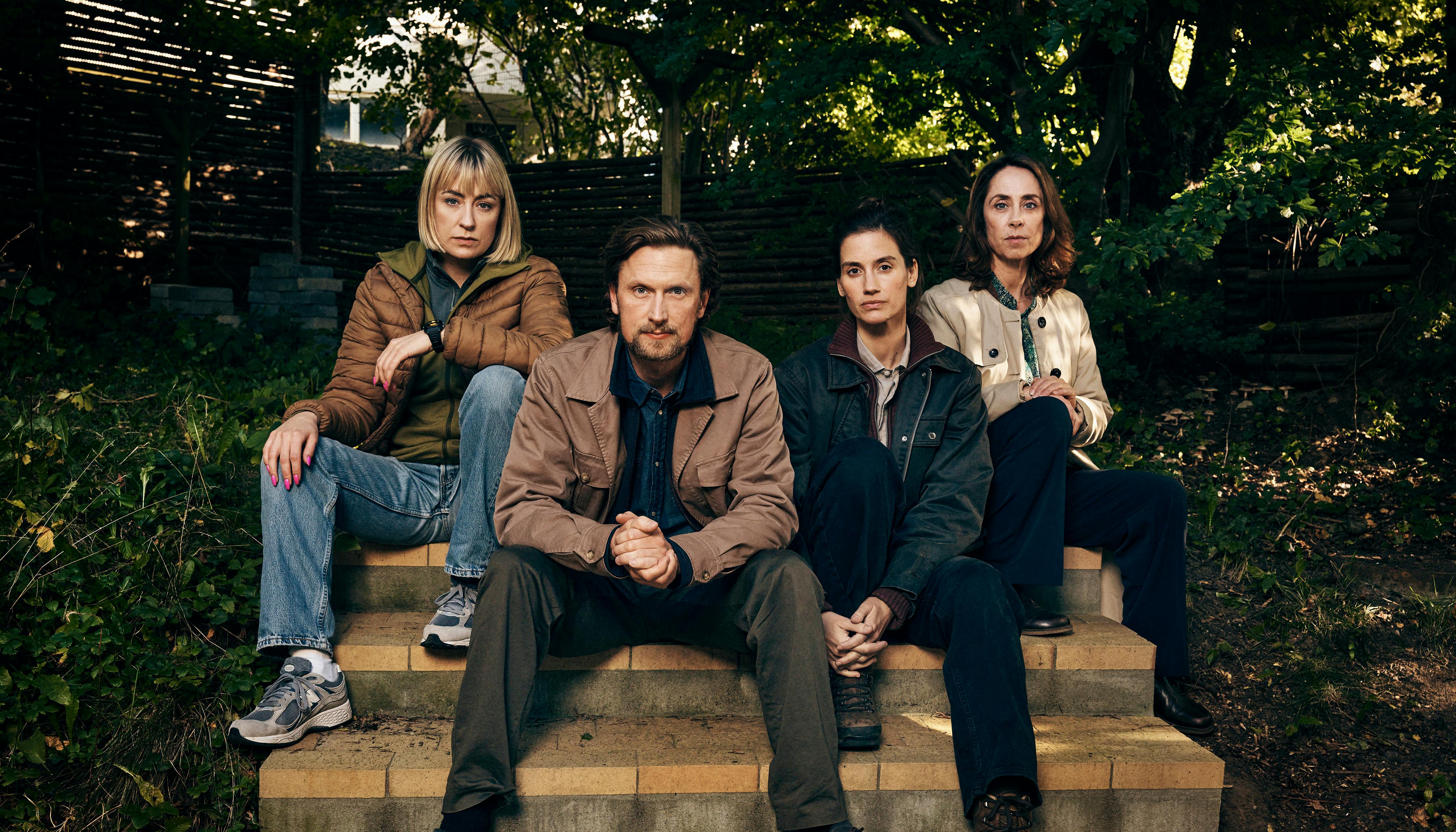Kastjanemanden. (L to R) Katinka Lærke Petersen as Sandra Lindstrøm, Mikkel Boe Følsgaard as Mark Hess, Danica Curcic as Naia Thulin, Sofie Gråbøl as Marie Holst in Kastanjemanden. Cr. Courtesy of Netflix © 2024